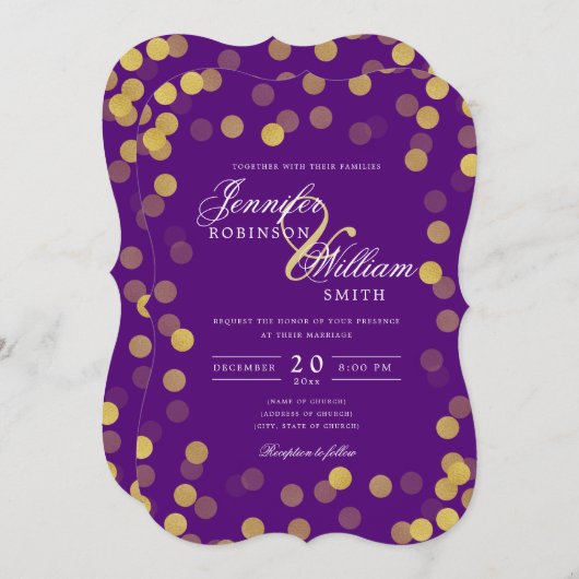 Invitation Mariage simple et élégant or violet Confetti (Devant / Derrière)