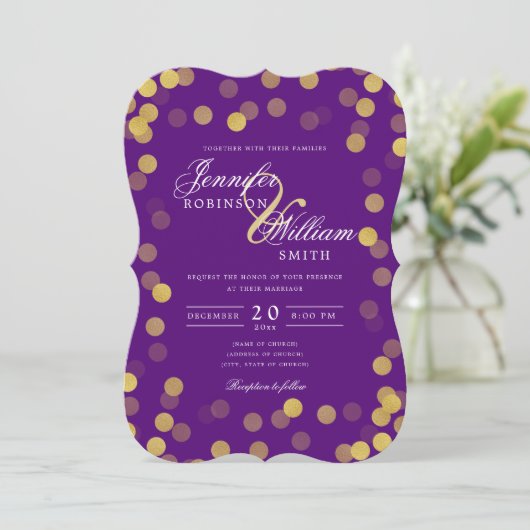 Invitation Mariage simple et élégant or violet Confetti (Debout devant)