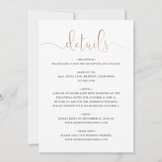 Invitation Mariage simple et élégante en or. Détails de la ca (Dos)