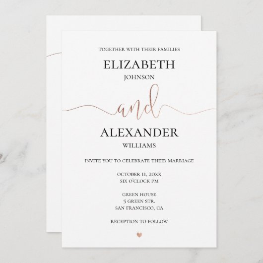 Invitation Mariage simple et élégante en or. Détails de la ca (Devant / Derrière)