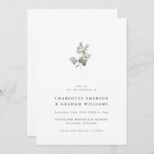 Invitation Mariage simple Eucalyptus élégant (Devant / Derrière)