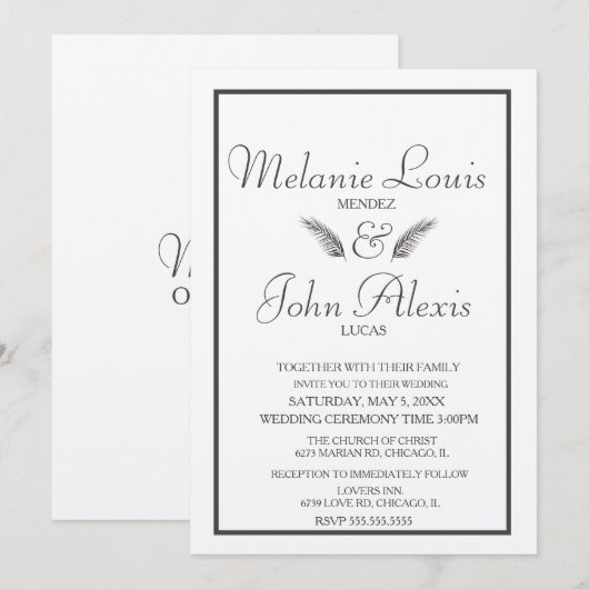 Invitation Mariage Simple Feuillage Tropical Minimaliste (Devant / Derrière)
