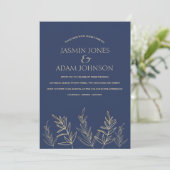 Invitation Mariage simple Feuille bleu marine et or (Debout devant)