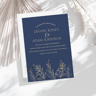 Invitation Mariage simple Feuille bleu marine et or