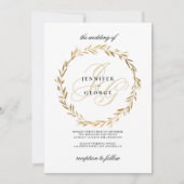 Invitation Mariage simple feuille d'or blanc monogramme initi (Devant)