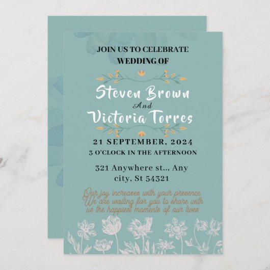 Invitation mariage Simple, fleurs blanches, aquarelle (Devant / Derrière)