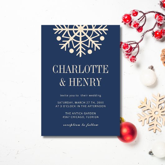 Invitation Mariage Simple Flocon de Neige Champagne & Bleu Nu