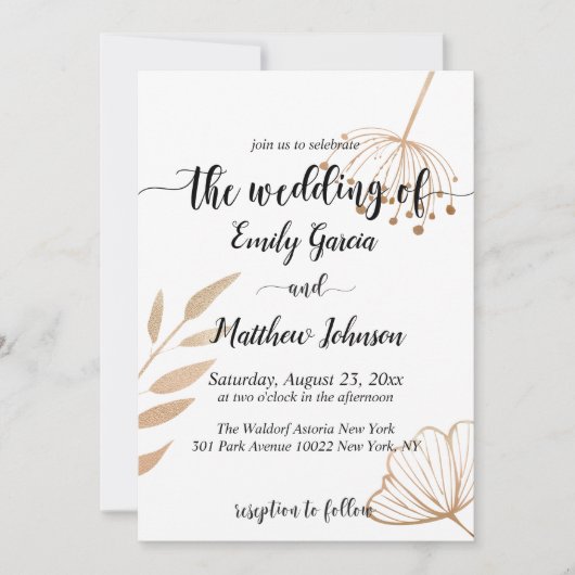 Invitation Mariage simple floral botanique or (Devant)