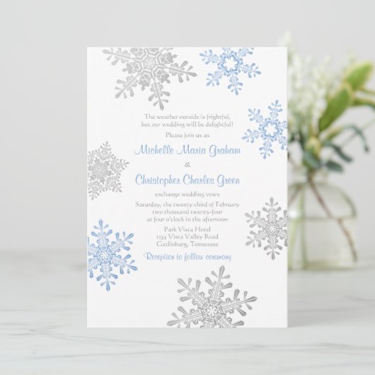 Invitation Mariage simple Lapin bleu Silver Winter Snowflake (Debout devant)