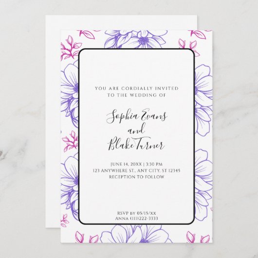 Invitation Mariage simple ligne rose et violet Fleurs dessiné (Devant / Derrière)
