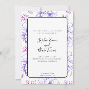 Invitation Mariage simple ligne rose et violet Fleurs dessiné