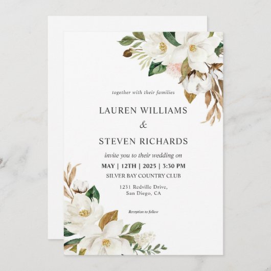 Invitation Mariage simple Magnolia blanc personnalisé (Devant / Derrière)
