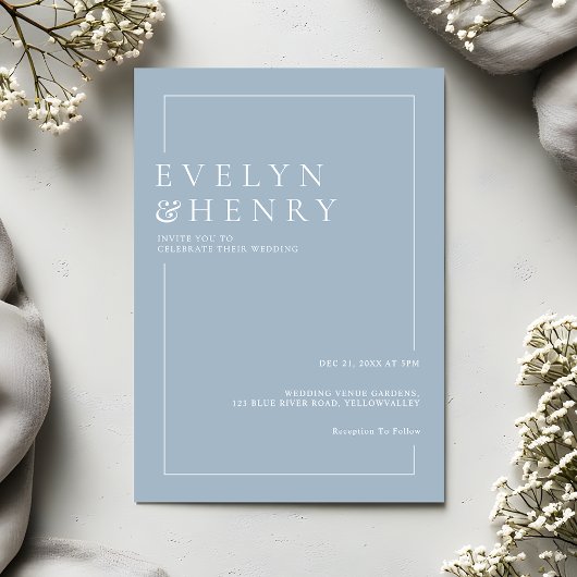 Invitation Mariage simple moderne bleu poussiéreux blanc bord