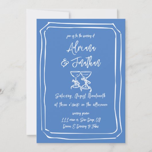 Invitation Mariage simple moderne dessiné à la main bleu et b (Devant)
