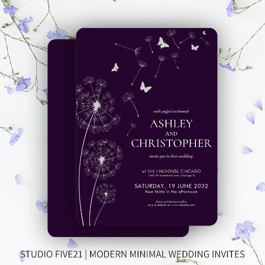 Invitation Mariage simple moderne foncé violet Dandelion