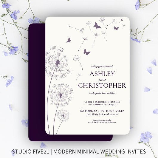 Invitation Mariage simple moderne foncé violet Dandelion