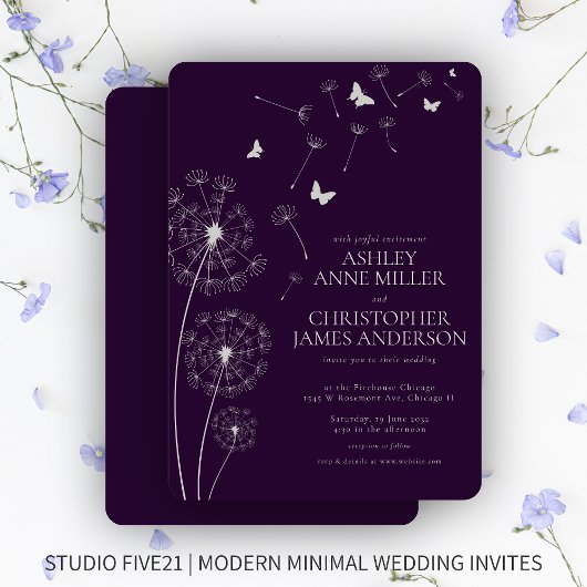 Invitation Mariage simple moderne foncé violet Dandelion