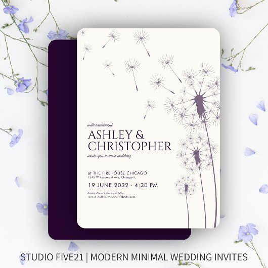 Invitation Mariage simple moderne foncé violet Dandelion