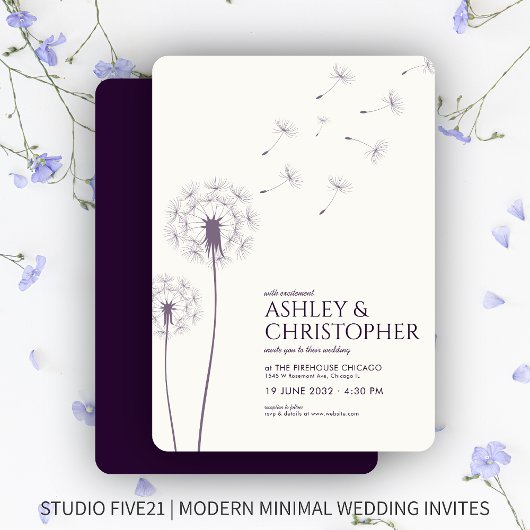 Invitation Mariage simple moderne foncé violet Dandelion
