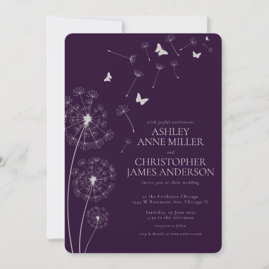 Invitation Mariage simple moderne foncé violet Dandelion (Devant)