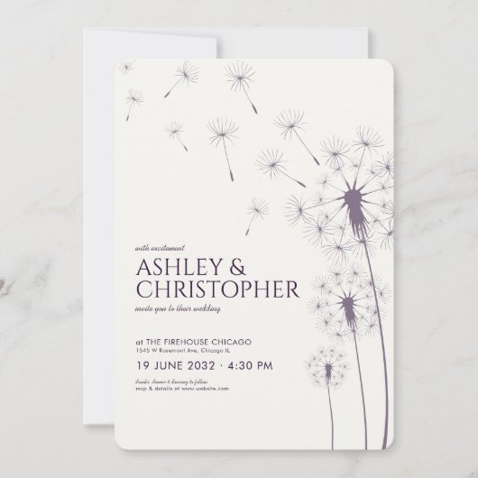 Invitation Mariage simple moderne foncé violet Dandelion (Devant)