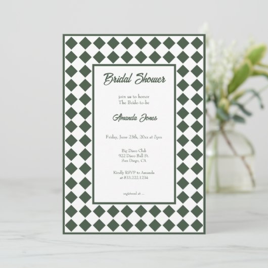 Invitation Mariage simple moderne vert foncé à carreaux (Debout devant)