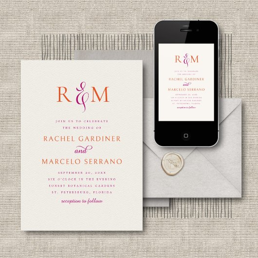 Invitation Mariage simple Monogramme Magenta Orange brillant