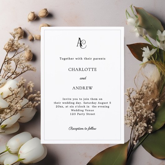 Invitation Mariage simple monogramme moderne noir blanc