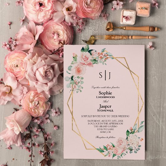 Invitation Mariage simple Monogramme rose flou