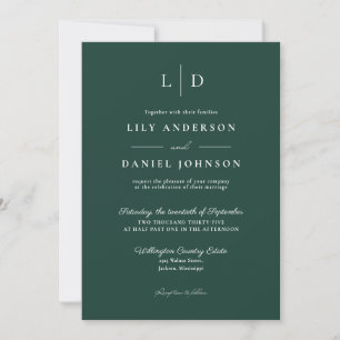 Invitation Mariage simple monogramme vert émeraude tout-en-un
