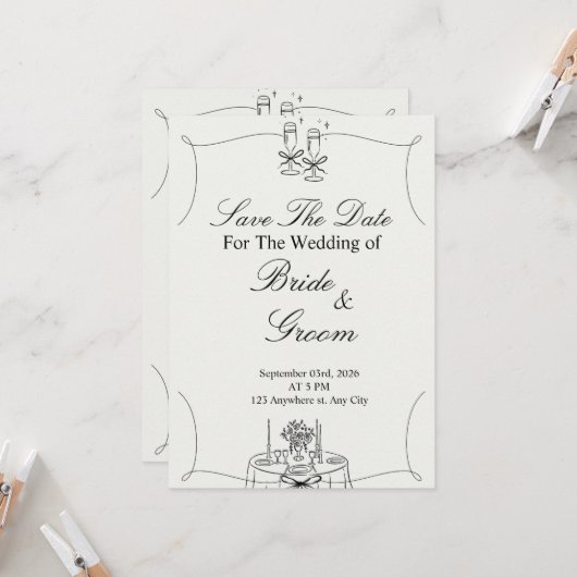 Invitation Mariage Simple Noir & Beige (Devant/Arrière en situation)
