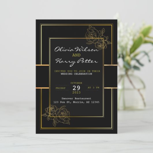 Invitation Mariage simple noir, blanc et or (Debout devant)