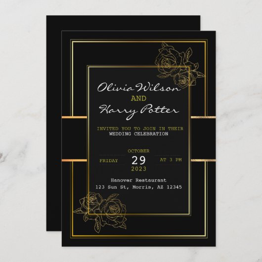 Invitation Mariage simple noir, blanc et or (Devant / Derrière)