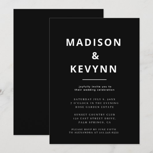 Invitation Mariage simple noir et blanc (Devant / Derrière)