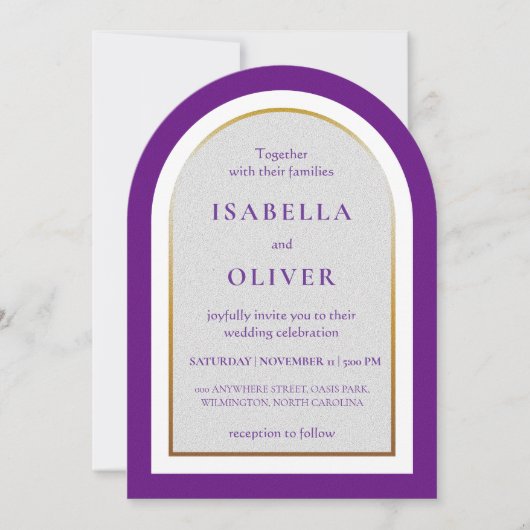 Invitation Mariage simple or et blanc pourpre (Devant)