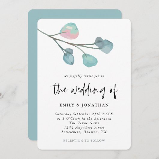 Invitation Mariage simple Pastel Eucalyptus (Devant / Derrière)