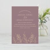 Invitation Mariage simple Plum violet et Feuille or (Debout devant)