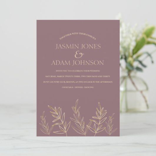Invitation Mariage simple Plum violet et Feuille or (Debout devant)