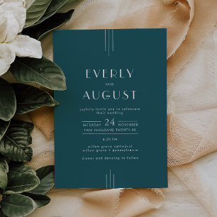 Invitation Mariage simple rétro Art Déco Paon sarcelle EVERLY