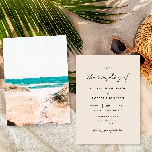 Invitation Mariage Simple Rétro Plage Sable Océan Été