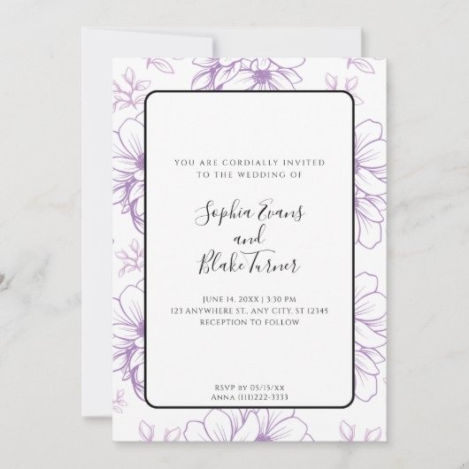 Invitation Mariage simple romantique ligne violet tiré Fleurs (Devant)