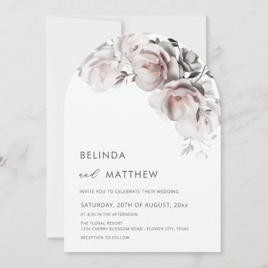 Invitation Mariage Simple Roses 3D Blanc Rosé (Devant)