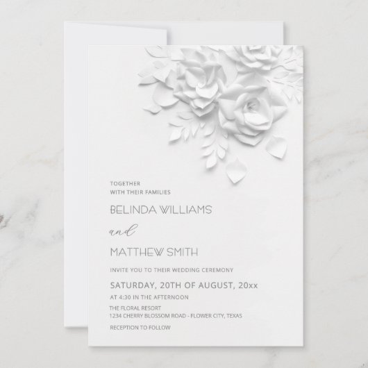Invitation Mariage simple Roses Fleurs 3D Blanches (Devant)