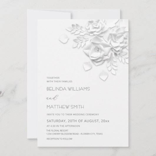 Invitation Mariage simple Roses Fleurs 3D Blanches (Devant)