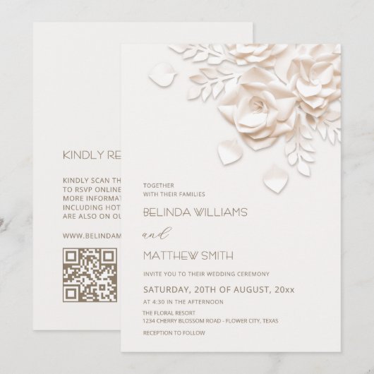 Invitation Mariage simple Roses Fleurs 3D Crème (Devant / Derrière)