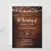 Invitation Mariage simple rustique en bois et guirlandes lumi (Devant)