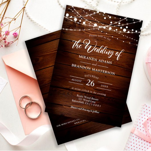 Invitation Mariage simple rustique en bois et guirlandes lumi