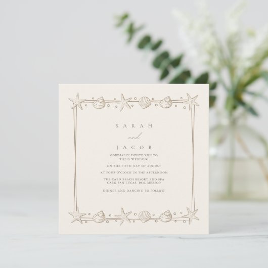 Invitation Mariage simple Seashell Border Beach (Debout devant)