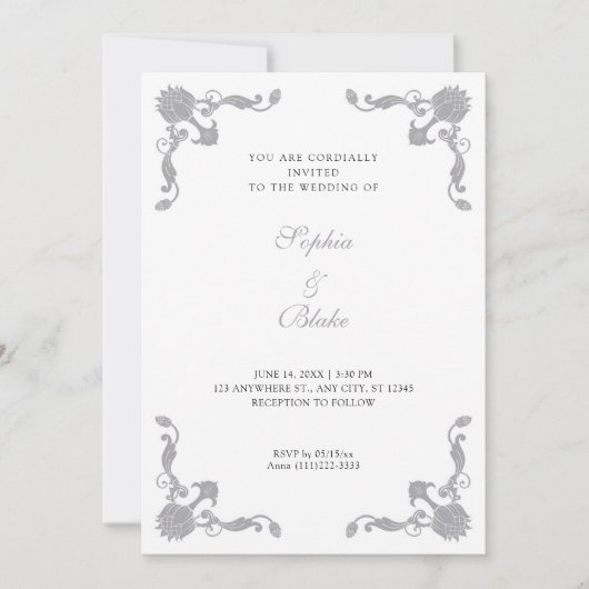 Invitation Mariage simple Silver et White Art Déco (Devant)