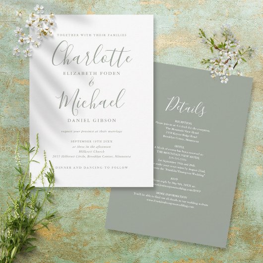 Invitation Mariage Simple Tout En Un Vert Sauge Script